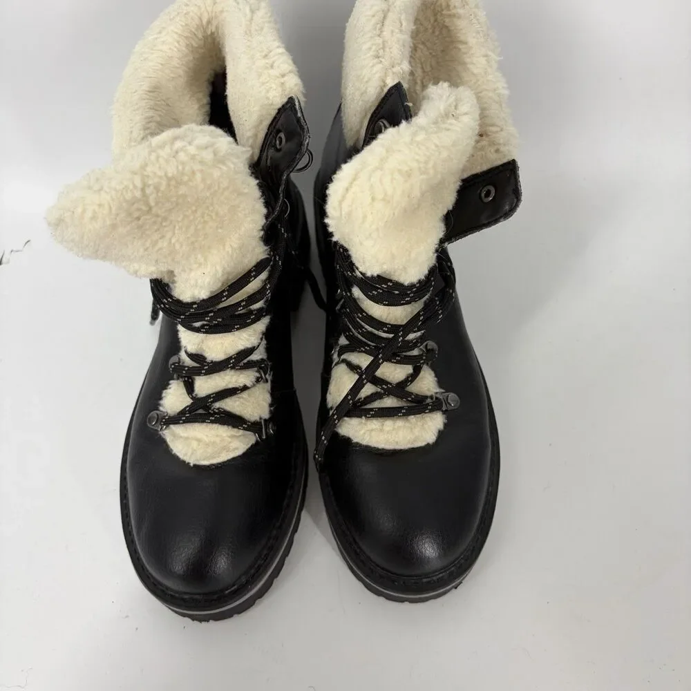 Tommy Hilfiger Boots Size 8 Womens Black Faux Leather Sherpa Lined Lace Up Ron
